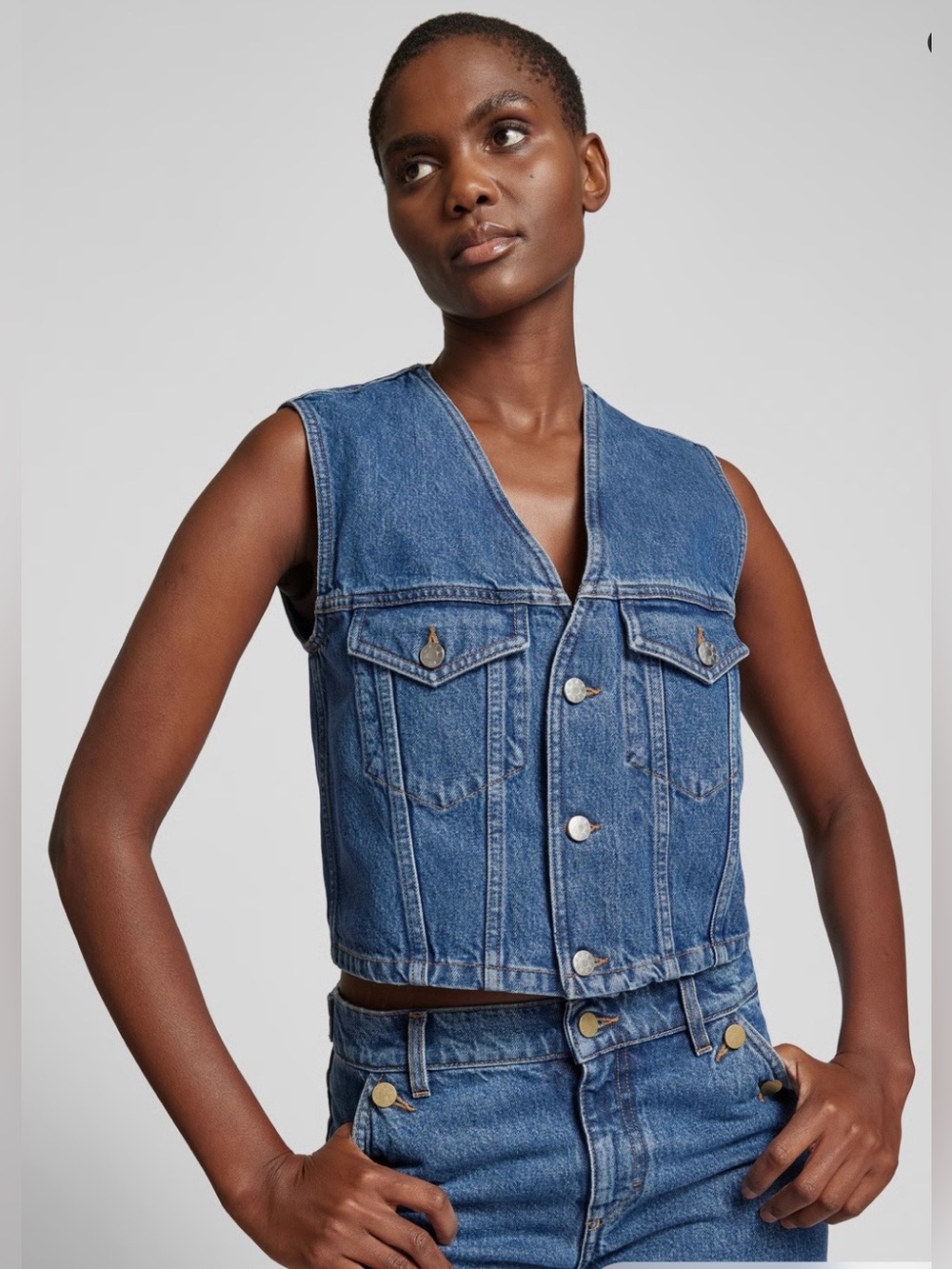 Filippa K Mid-Wash Denim Button-Front Vest Classic Blue w Distinct Seam Detail S